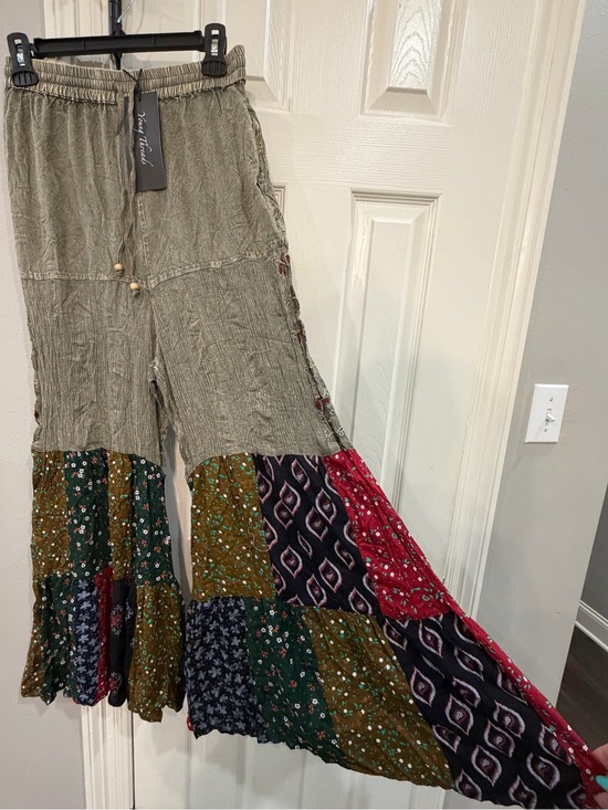 Young Threads Pants - Young Threads Boho Patchwork Wide Leg Pants - Olive & Multicolor Sz S